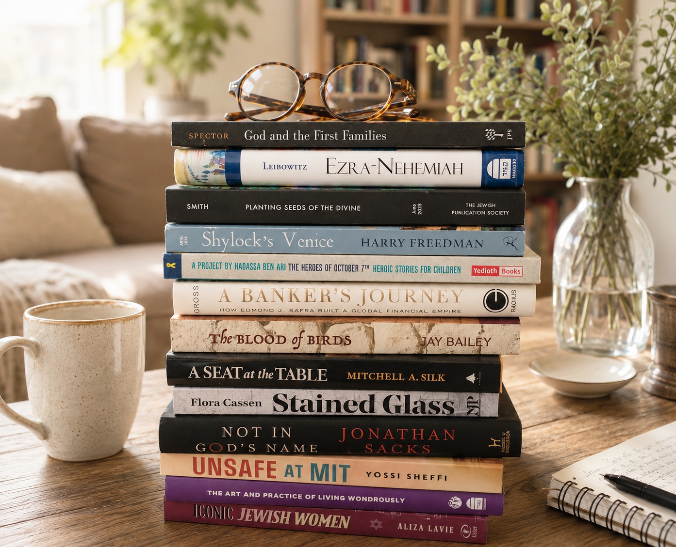 A stack of Jewish-interest and pro-Israel books on a wooden table beside a mug of coffee and reading glasses